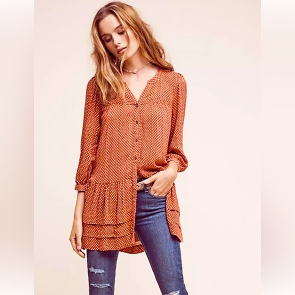 Anthro Holding Horses Rust Print Tiered Ruffle Babydoll Peasant Blouse Top - Picture 3 of 10